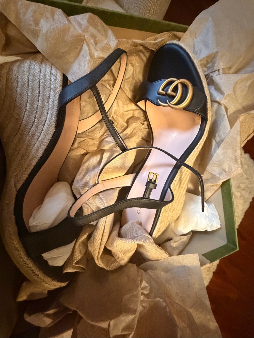 Gucci Black Leather Espadrille Wedge Sandals with Gold Double G